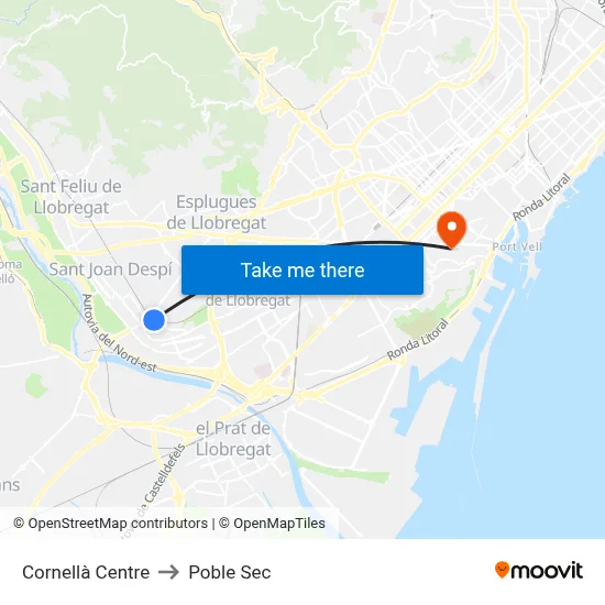 Cornellà Centre to Poble Sec map