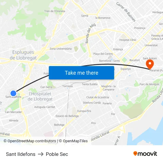 Sant Ildefons to Poble Sec map