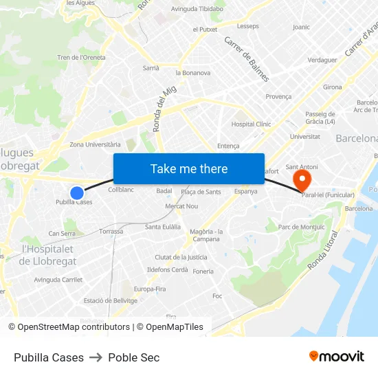 Pubilla Cases to Poble Sec map