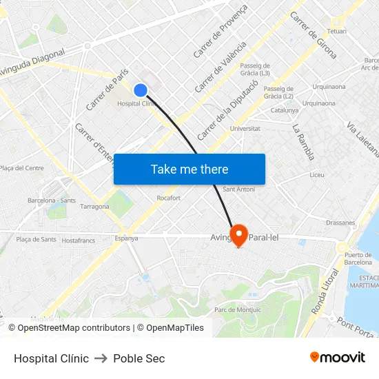 Hospital Clínic to Poble Sec map