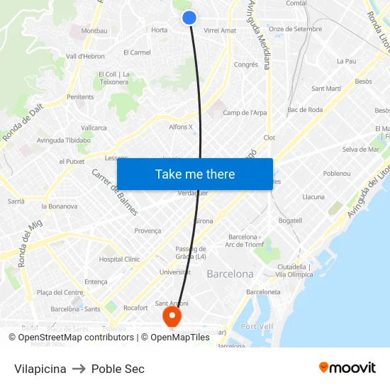 Vilapicina to Poble Sec map