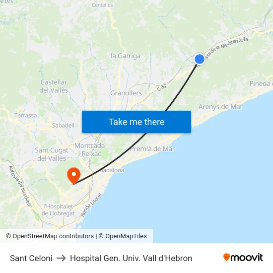 Sant Celoni to Hospital Gen. Univ. Vall d'Hebron map