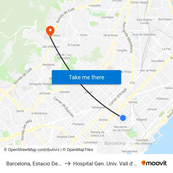 Barcelona, Estacio Del Nord to Hospital Gen. Univ. Vall d'Hebron map