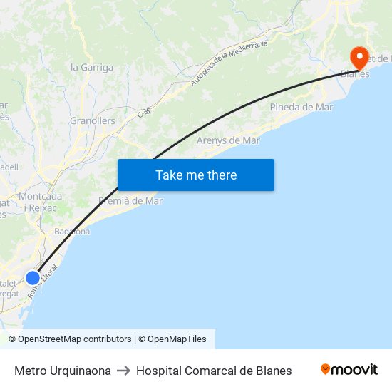 Metro Urquinaona to Hospital Comarcal de Blanes map