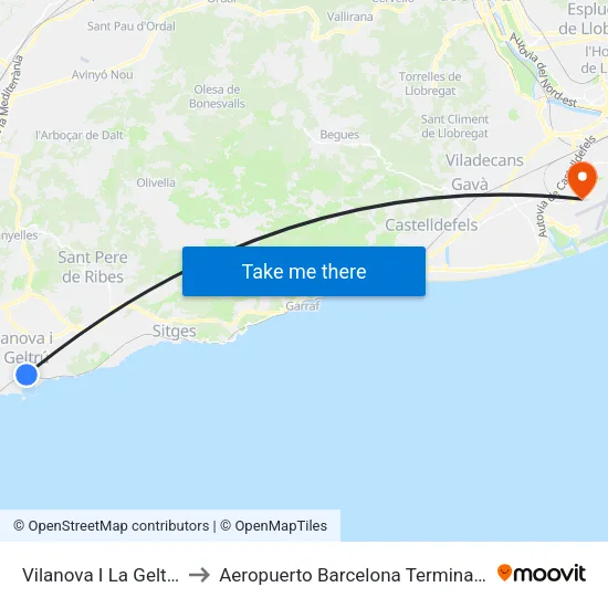Vilanova I La Geltrú to Aeropuerto Barcelona Terminal 2 map