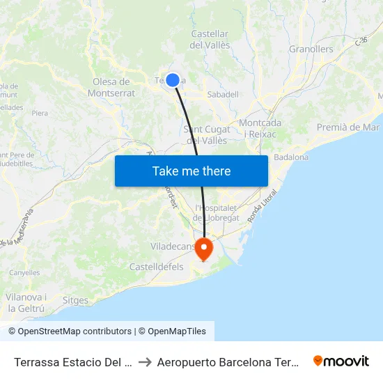 Terrassa Estacio Del Nord to Aeropuerto Barcelona Terminal 2 map