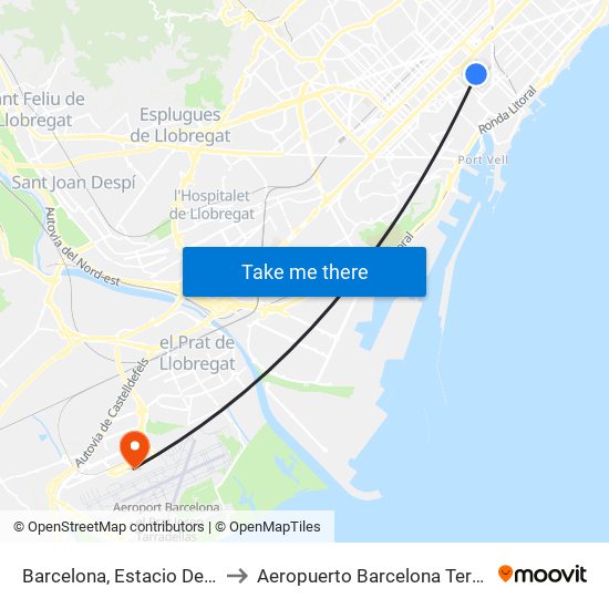 Barcelona, Estacio Del Nord to Aeropuerto Barcelona Terminal 2 map