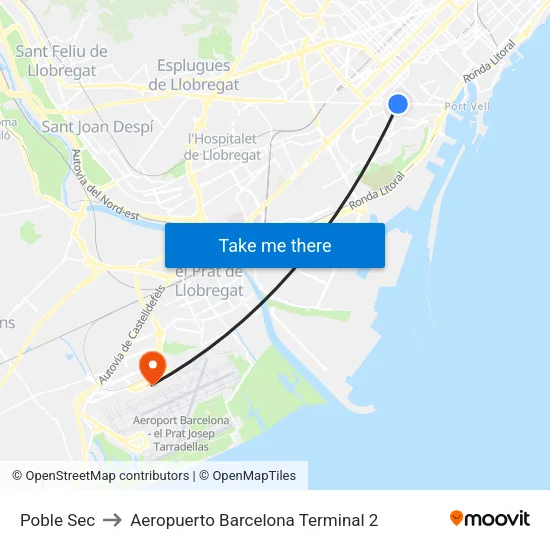 Poble Sec to Aeropuerto Barcelona Terminal 2 map