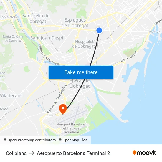 Collblanc to Aeropuerto Barcelona Terminal 2 map