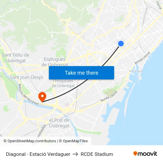Diagonal - Estació Verdaguer to RCDE Stadium map