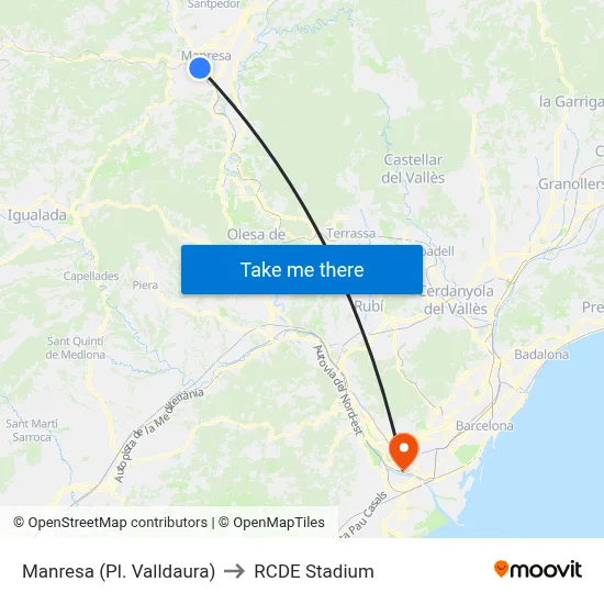 Manresa (Pl. Valldaura) to RCDE Stadium map