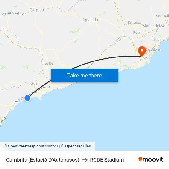 Cambrils (Estació D'Autobusos) to RCDE Stadium map