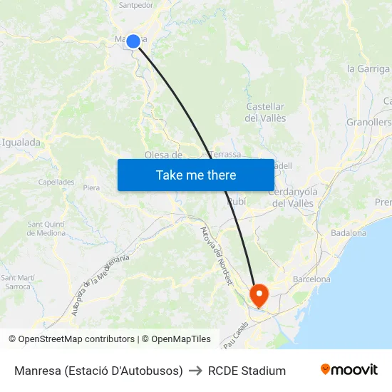 Manresa (Estació D'Autobusos) to RCDE Stadium map