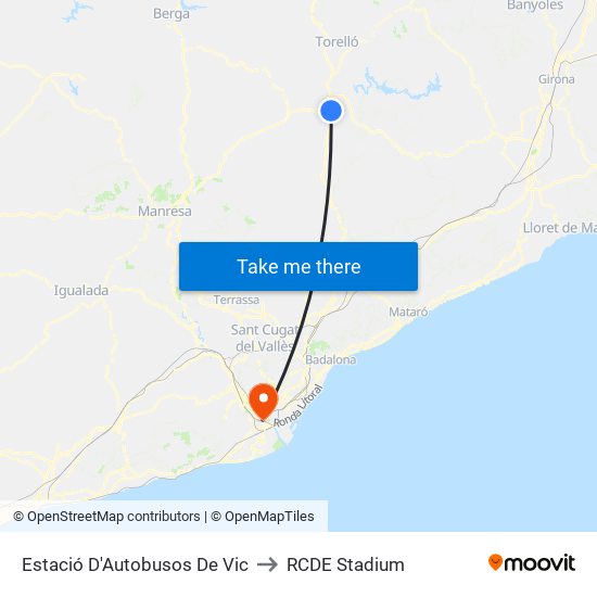 Estació D'Autobusos De Vic to RCDE Stadium map