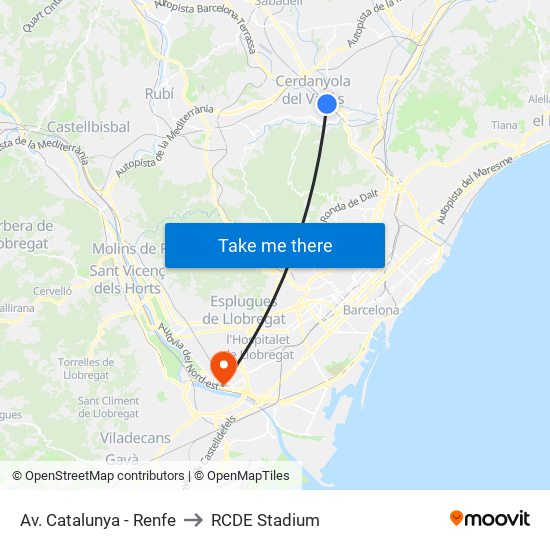 Av. Catalunya - Renfe to RCDE Stadium map