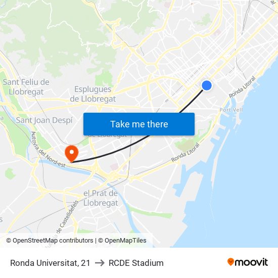 Ronda Universitat, 21 to RCDE Stadium map