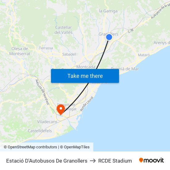 Estació D'Autobusos De Granollers to RCDE Stadium map