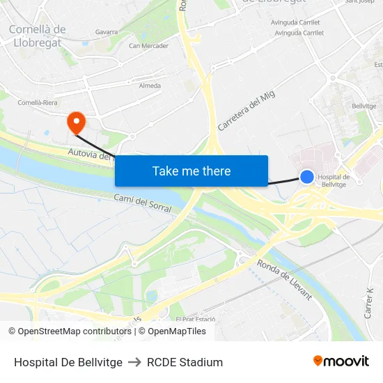Hospital De Bellvitge to RCDE Stadium map