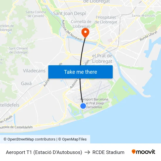 Aeroport T1 (Estació D'Autobusos) to RCDE Stadium map