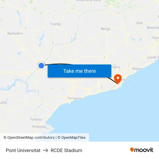 Pont Universitat to RCDE Stadium map