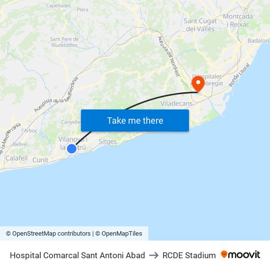 Hospital Comarcal Sant Antoni Abad to RCDE Stadium map