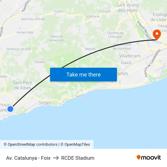 Les Roquetes Centre to RCDE Stadium map