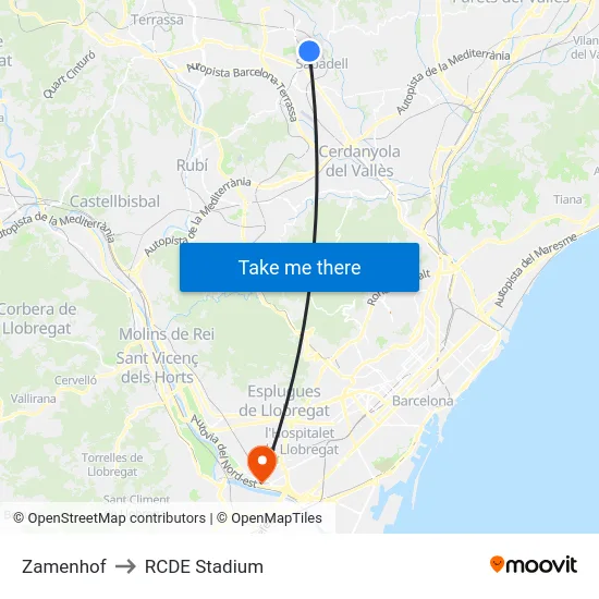 Zamenhof to RCDE Stadium map