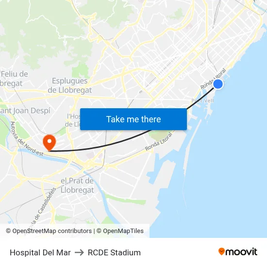 Hospital Del Mar to RCDE Stadium map