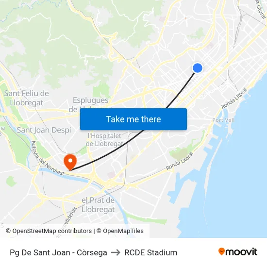 Pg De Sant Joan - Còrsega to RCDE Stadium map