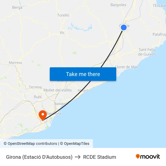 Girona (Estació D'Autobusos) to RCDE Stadium map
