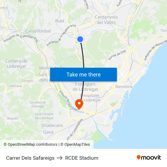 Carrer Dels Safareigs to RCDE Stadium map