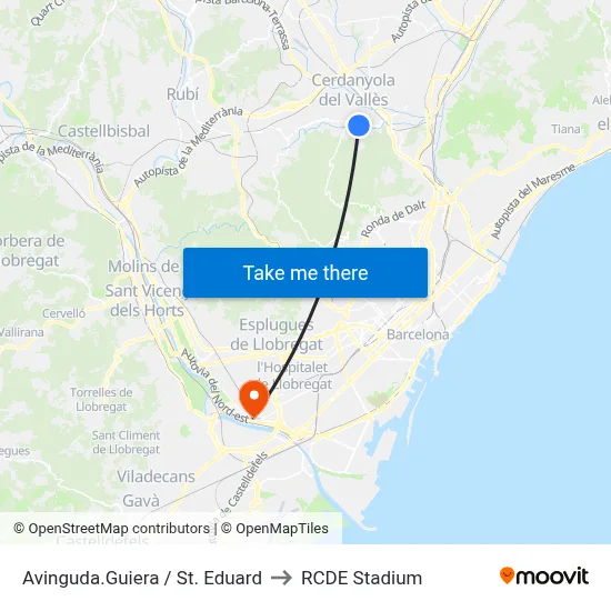 Avinguda.Guiera / St. Eduard to RCDE Stadium map
