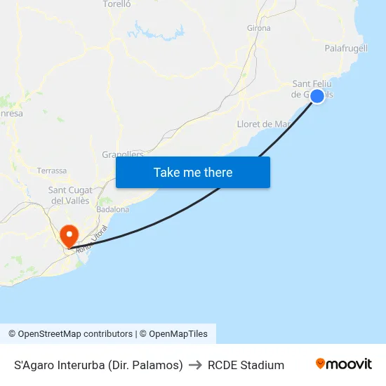 S'Agaro Interurba (Dir. Palamos) to RCDE Stadium map