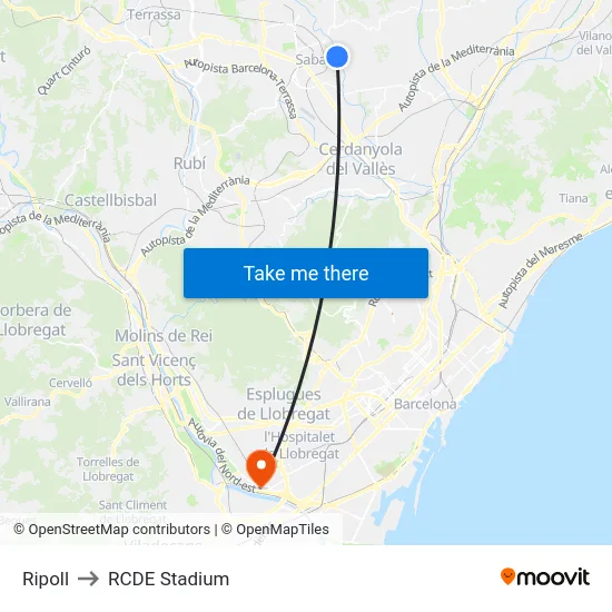 Ripoll to RCDE Stadium map