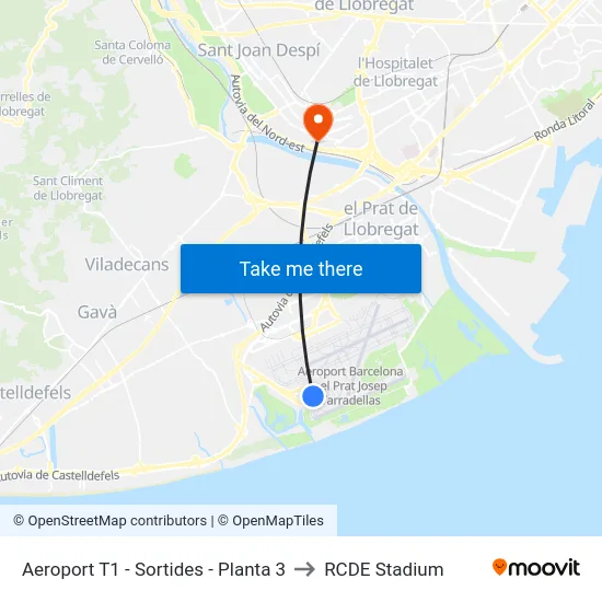 Aeroport T1 - Sortides - Planta 3 to RCDE Stadium map