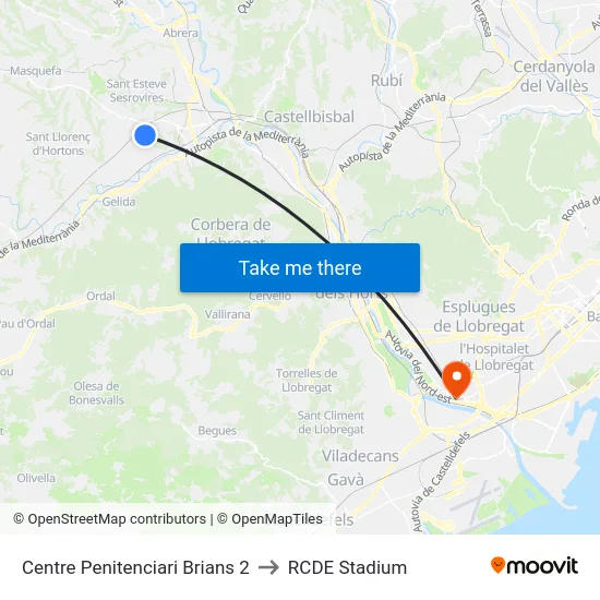 Centre Penitenciari Brians 2 to RCDE Stadium map