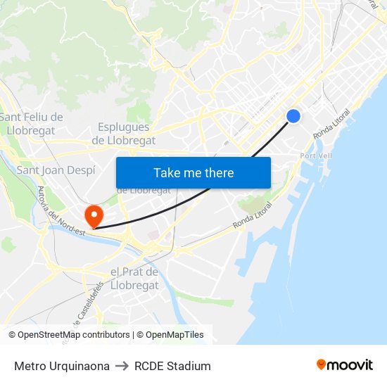 Metro Urquinaona to RCDE Stadium map