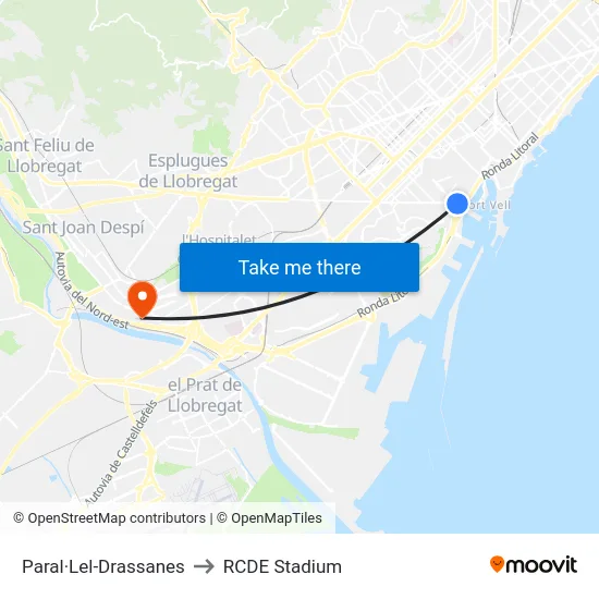 Paral·Lel-Drassanes to RCDE Stadium map