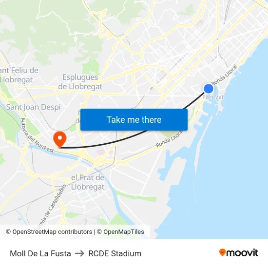 Moll De La Fusta to RCDE Stadium map