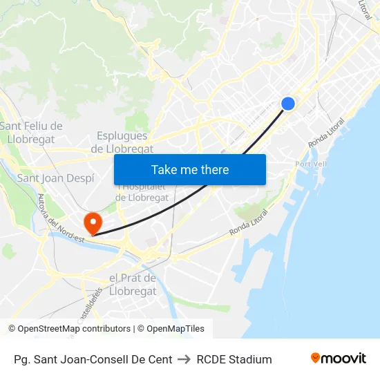Pg. Sant Joan-Consell De Cent to RCDE Stadium map