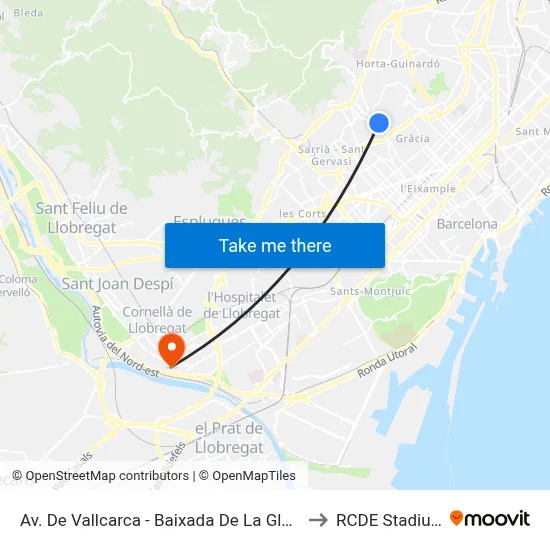 Av. De Vallcarca - Baixada De La Glòria to RCDE Stadium map