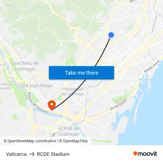 Vallcarca to RCDE Stadium map