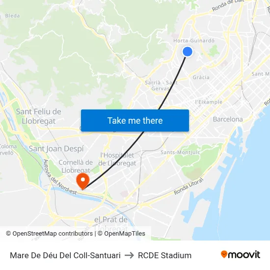 Mare De Déu Del Coll-Santuari to RCDE Stadium map