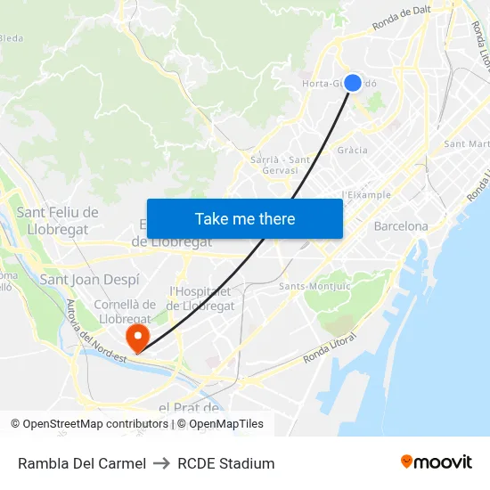 Rambla Del Carmel to RCDE Stadium map