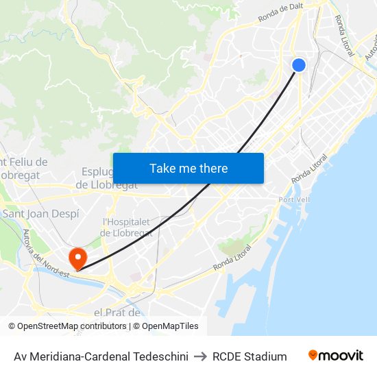 Av Meridiana-Cardenal Tedeschini to RCDE Stadium map