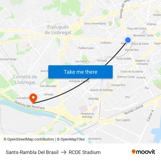 Sants-Rambla Del Brasil to RCDE Stadium map