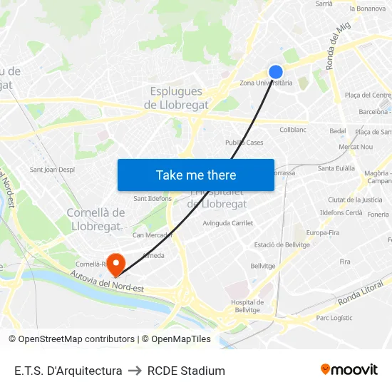 E.T.S. D'Arquitectura to RCDE Stadium map