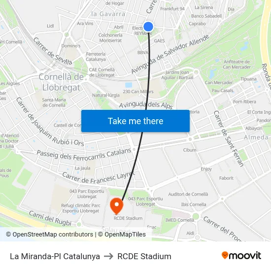 La Miranda-Pl Catalunya to RCDE Stadium map