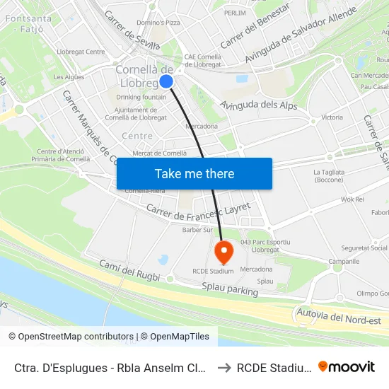 Ctra. D'Esplugues - Rbla Anselm Clavé to RCDE Stadium map