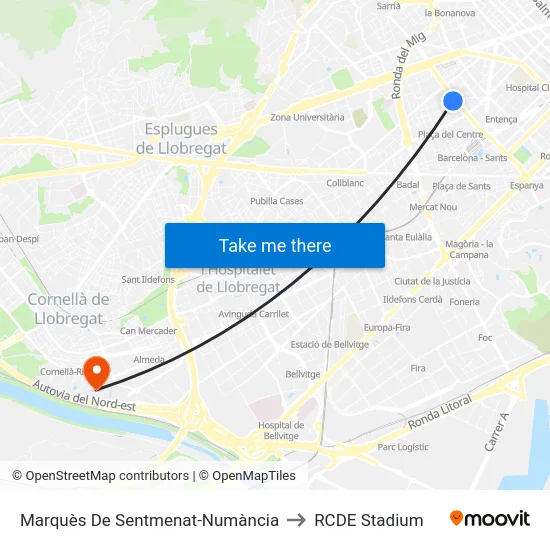 Marquès De Sentmenat-Numància to RCDE Stadium map